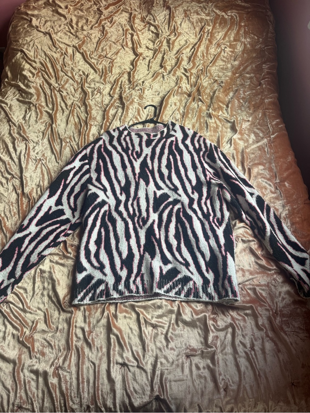 Men's Crewneck Sweater in Black and Pink Zebra Pattern